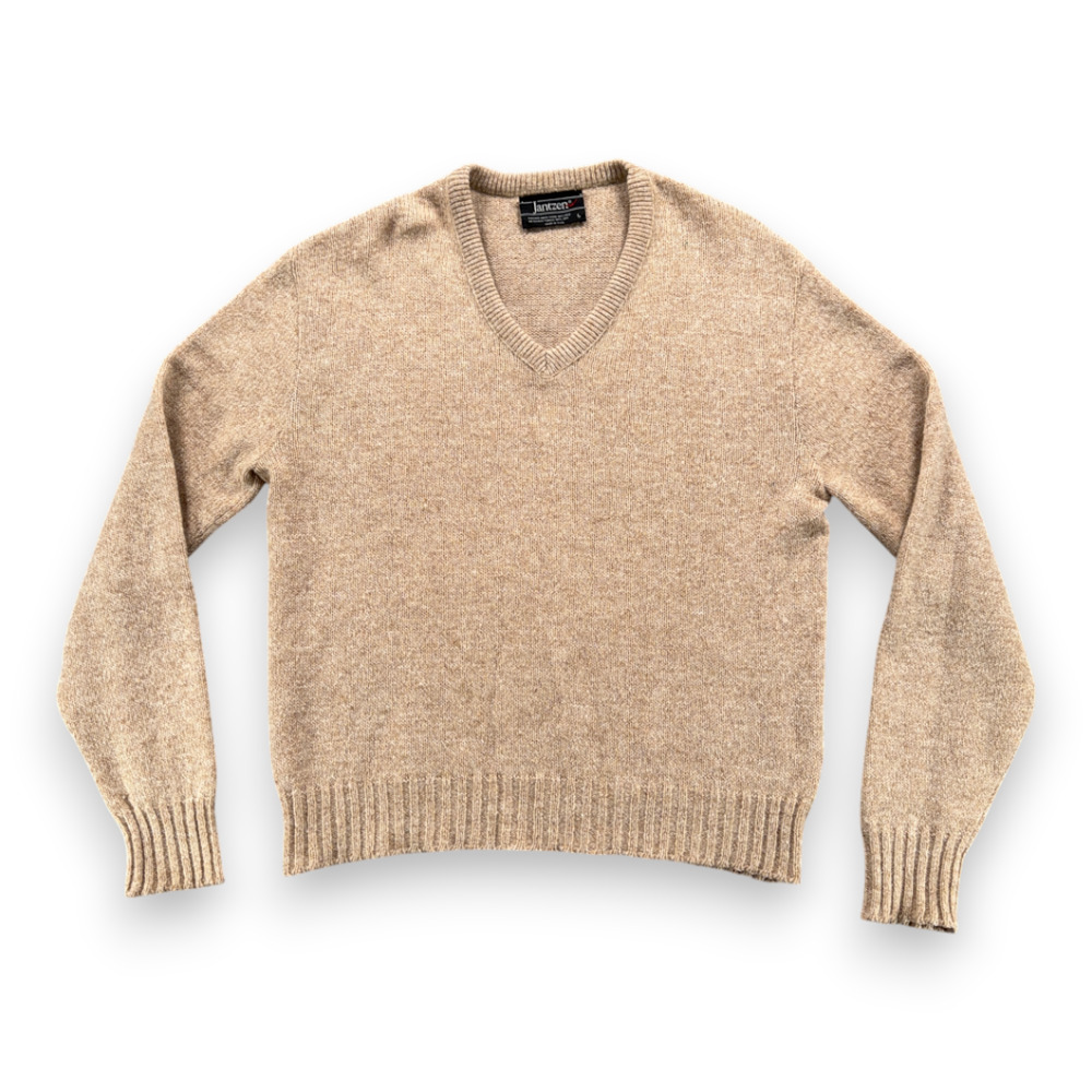 Vintage Jantzen Sweater Adult LARGE Brown Heather Oatmeal Knit Vneck USA 80s